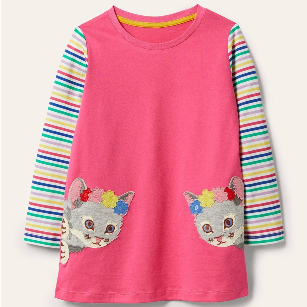 Mini Boden Kitten Appliqué Tunic in Foxglove Pink